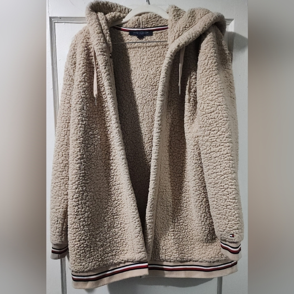 🧸 Tommy Hilfiger Oversized Teddy Sherpa Hoodie Jacket Cream Beige L 🤎 - Picture 2 of 7
